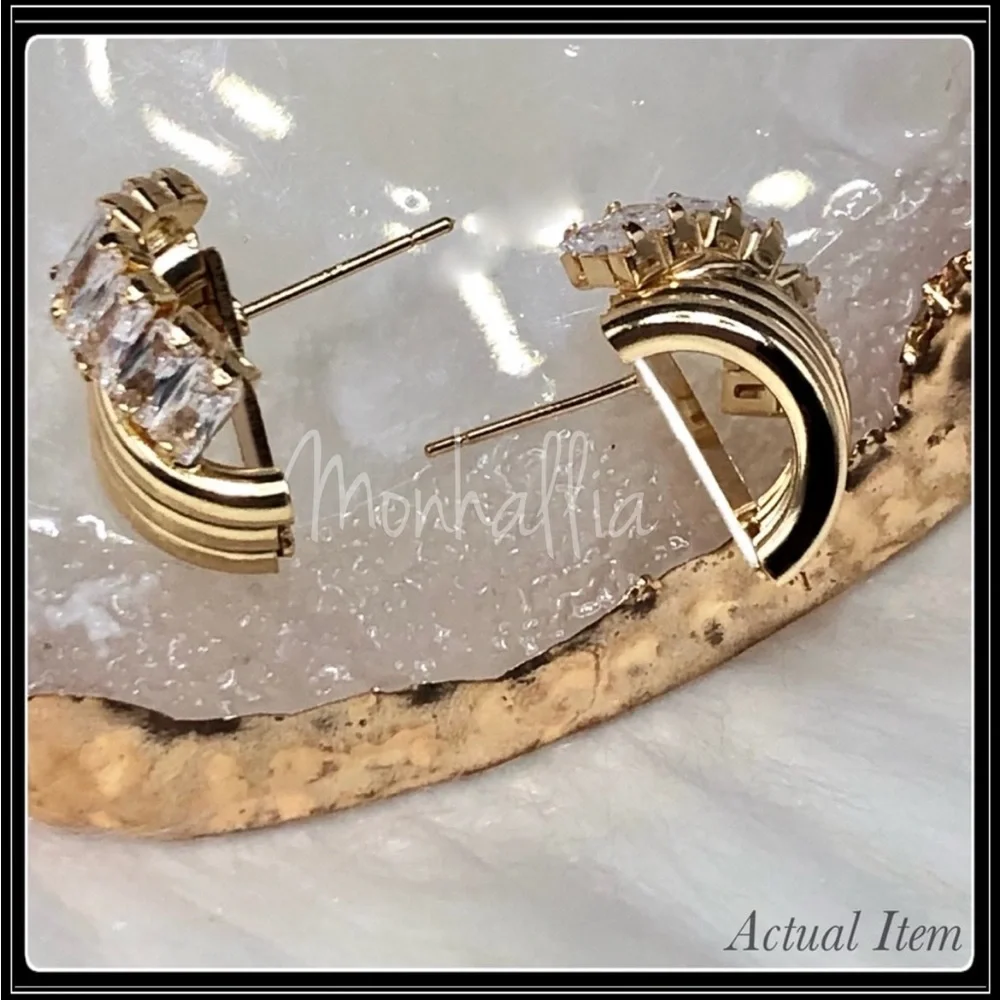 Clearance! NEW GOLD HALF CRESCENT SIMULATED DIAMOND BAGUETTE HUGGIE EARRINGS